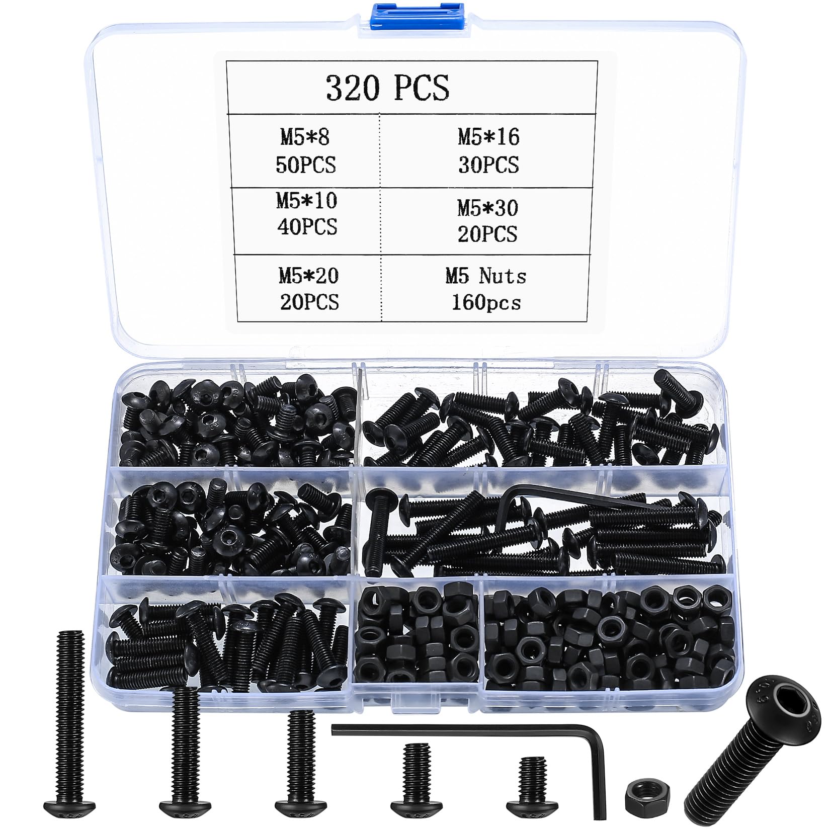Alloy Steel 320 Pcs M5 Bolts Set - Hex Socket Button Head Cap Screws, Nuts Set - Pan Head Furniture Bike Bolts Set
