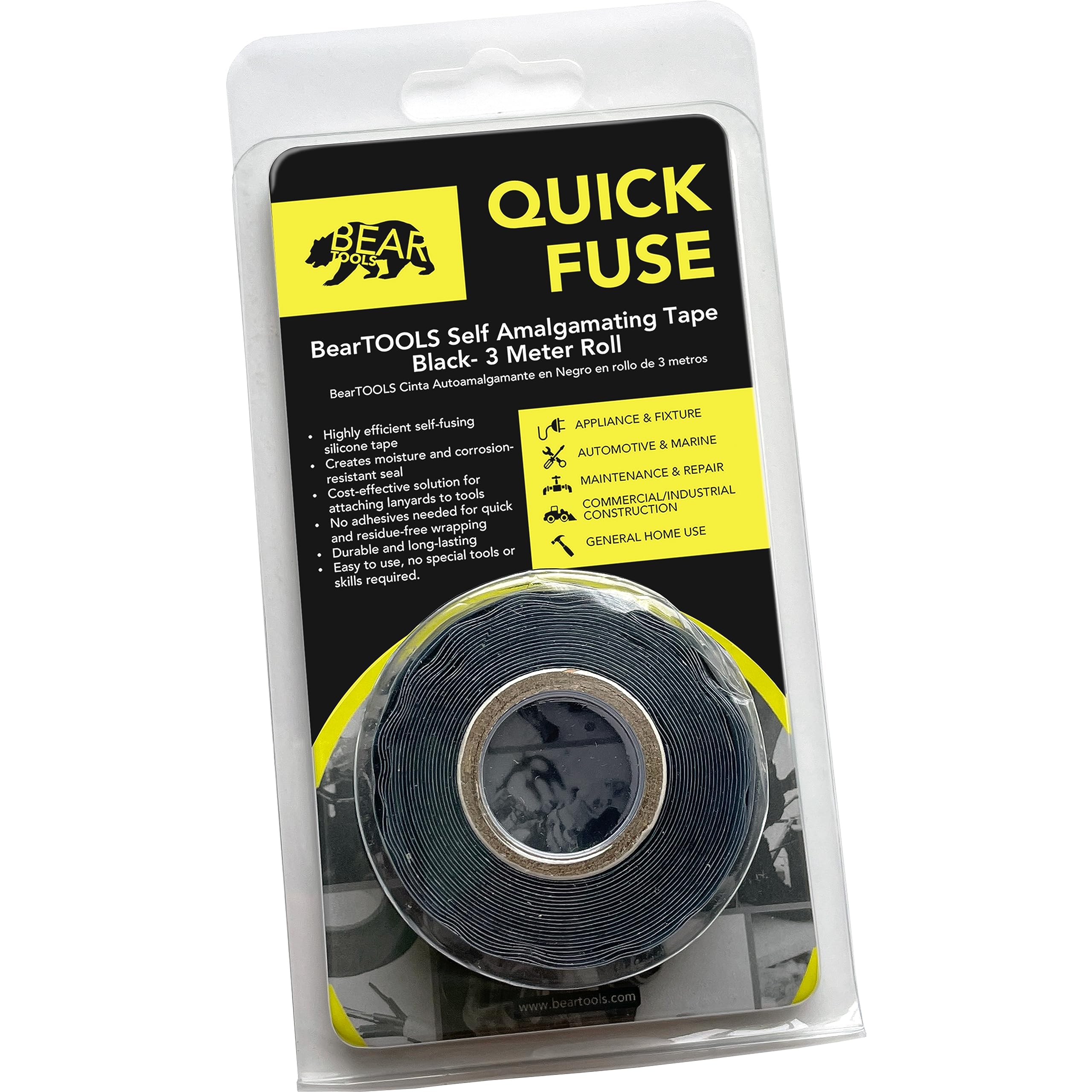 BearTOOLS Self-fusing Silicone Tape - Black, 25.5mm x 3 meters - 20mils - Tool Tethering & Quick Repair Tape for Electrical use, Garden Hose, Pipes - Anti Slip for Tools, Handles, Barbells