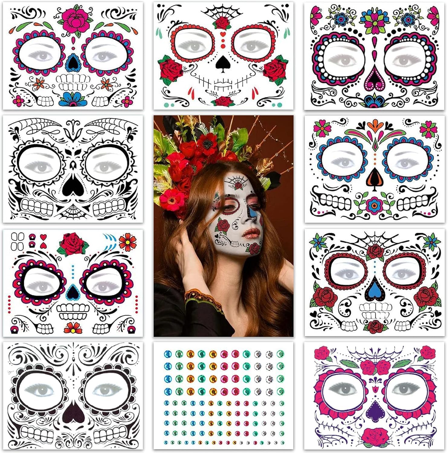 Day of the Dead Face Stickers, 9Pcs Sugar Skull Black Skeleton Web Red Roses Temporary Tattoos for Women, Men, Adults, Kids, Boys & Girls - Halloween Party Accessories