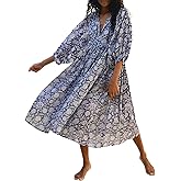 Casual Summer Dresses for Women Swing Floral Half Open Collar Boho Puff Sleeve Loose Midi Beach Dress