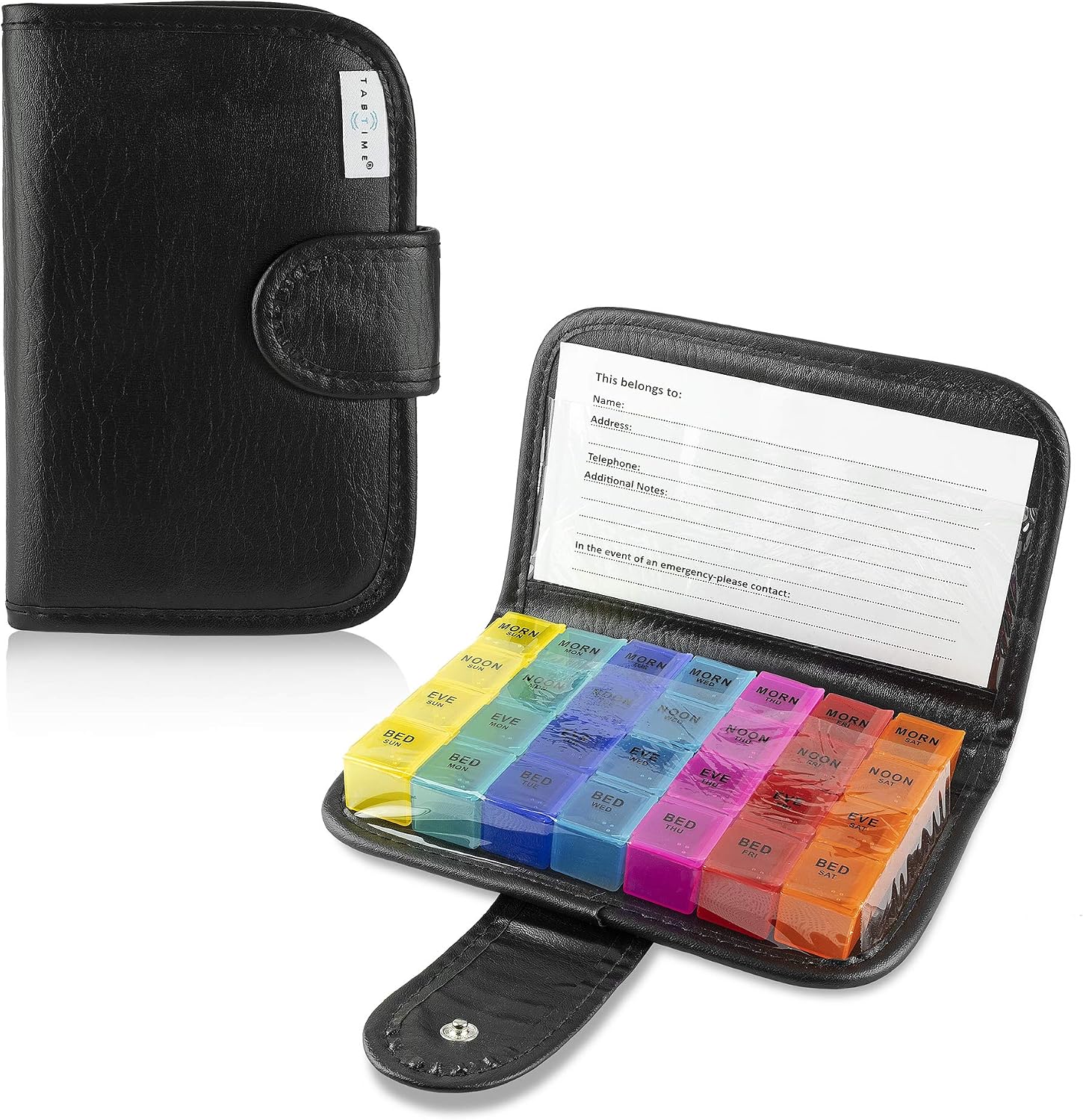 Tabtime Black Pill/Tablet Wallet, Weekly 7 Day Pill Box Organiser with 28 Compartments for Vitamins Supplements and Medication
