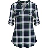 Ninedaily Women's 3/4 Sleeve Plaid Shirts Zip Floral Casual Tunic Blouse Tops