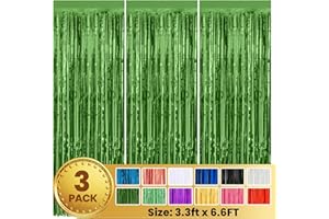 PABUES 3 Pack 3.3 x 6.6 FT Green Foil Fringe Backdrop Curtain, Streamer Backdrop Curtains, Streamers Birthday Party Decorations, Fringe Backdrop for Graduation, Baby Shower, Gender Reveal