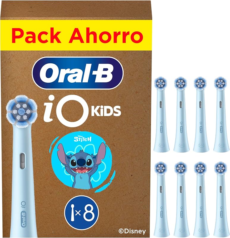 Cabeças de substituição iO Kids Disney Stitch para crianças +6 anos, Pack de 8 - Recargas Originais para Oral-B Escovas de Dentes Elétricas iO Kids, suaves com dentes e gengivas instáveis