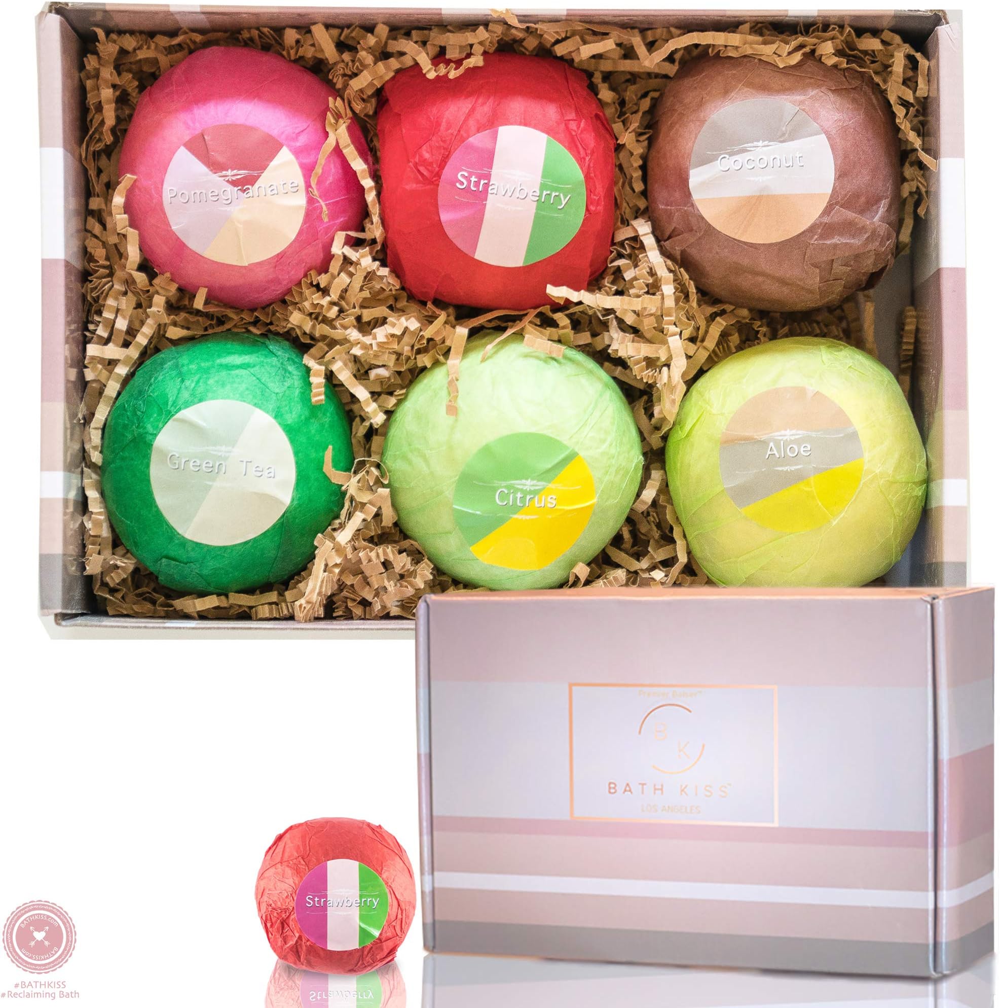 Bath Kiss Luxury Extra Large 7 Ounce Bath Bombs gift set - Perfect Gift for Everyone [Reclaiming bath] - 6 Fragrances for Great Skin, (200g). Individually Wrapped Bath Bombs for Birthday Mothers day