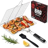 SHIZZO Shallow Grill Basket Gift Set with Basting Brush, Gift Box | Removable Handle, Stainless Steel BBQ Grilling Rack for Fish Vegetables, Outdoor Camping Accessory, Gifts for Men Dad Husband