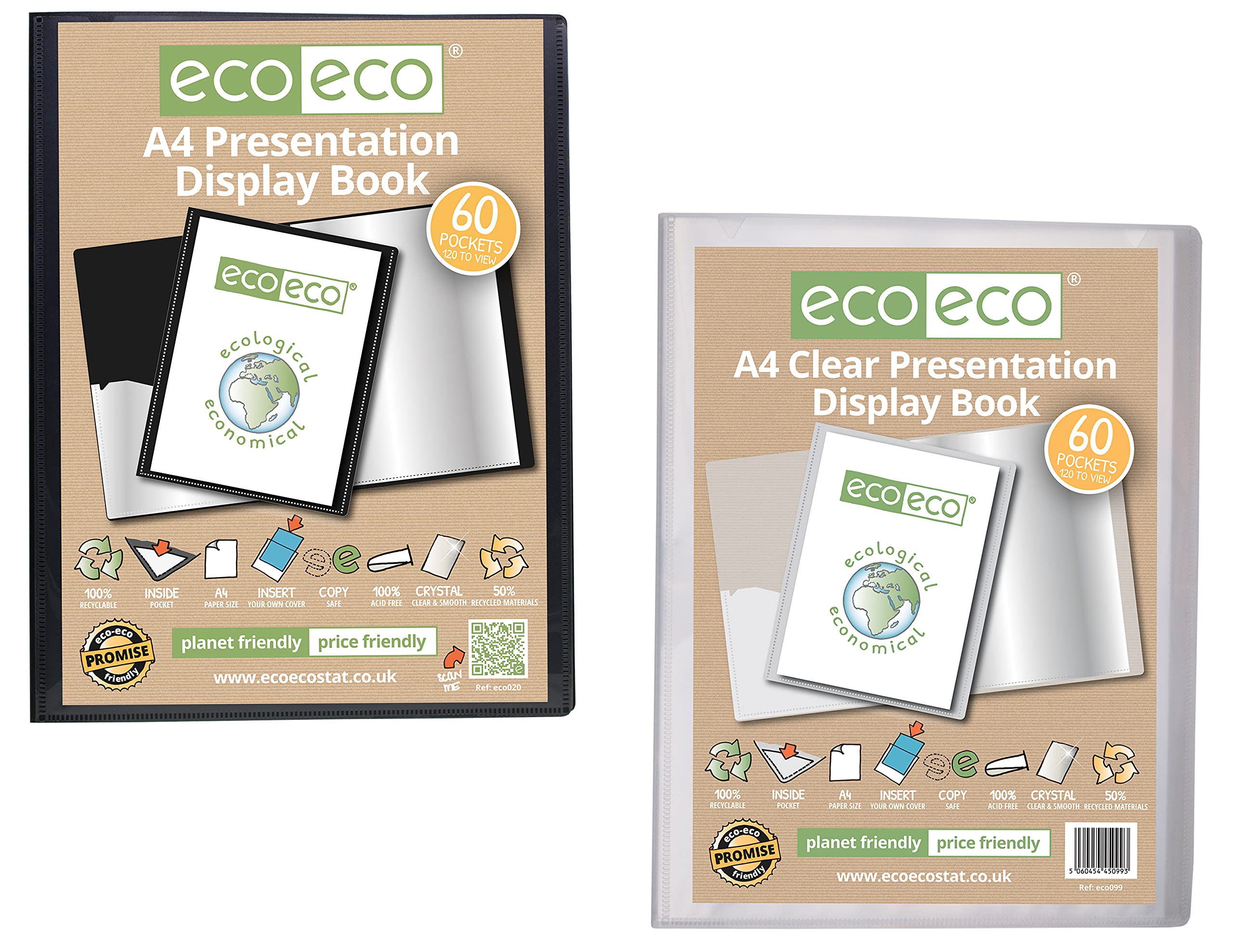 eco-eco A4 Size 50% Recycled 60 Pocket Presentation Display Book, Storage Case Portfolio Art Folder with Plastic Sleeves, Pack of 2 (1 Black and 1 Clear) eco020_99