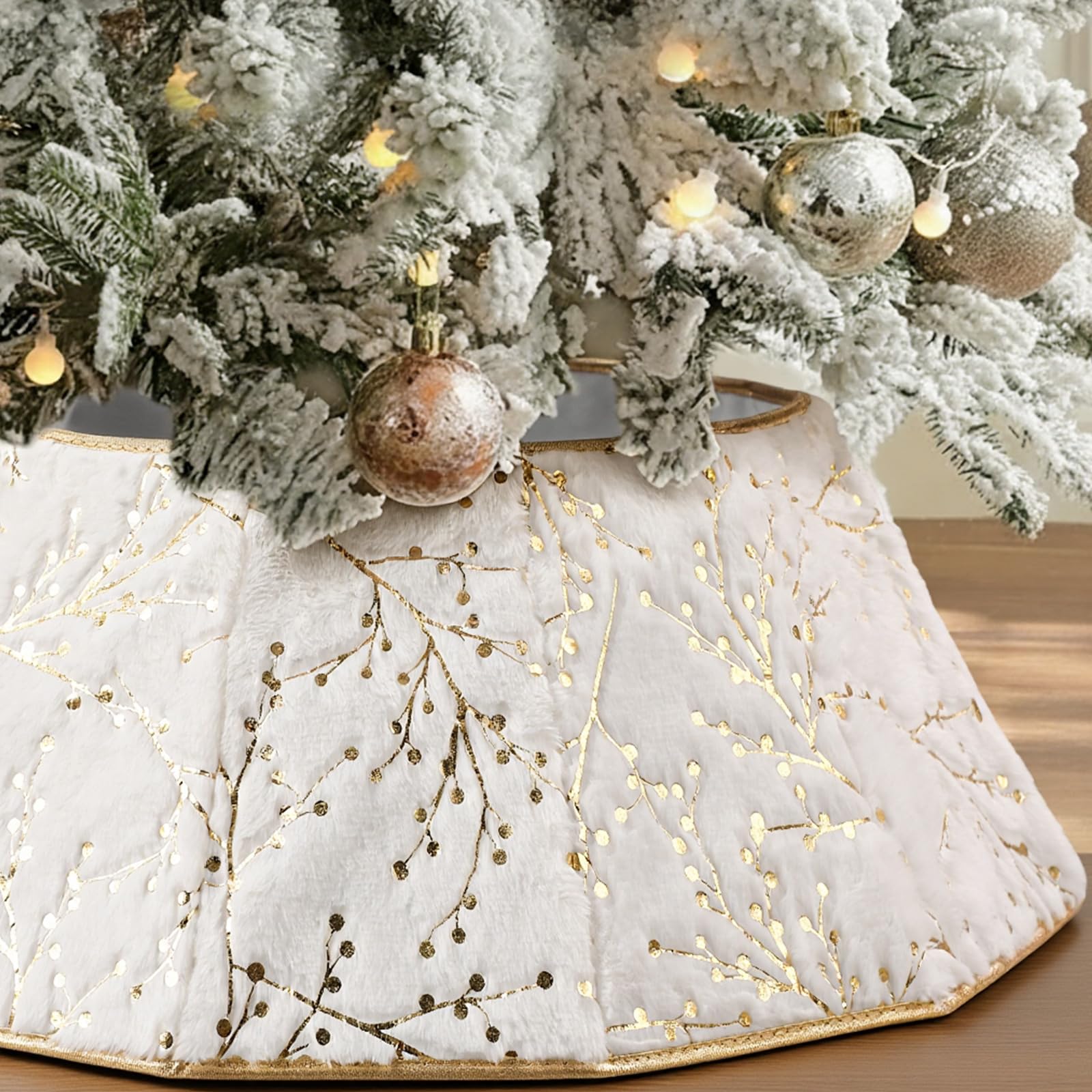 Photo 1 of 25'' Christmas Tree Collar, White Christmas Tree Ring for Artificial Trees, Faux Fur Plush Trees Collar Farmhouse Rustic Tree's Base Cover with Gold Berry Branch Pattern for Holiday Home Indoor Decor