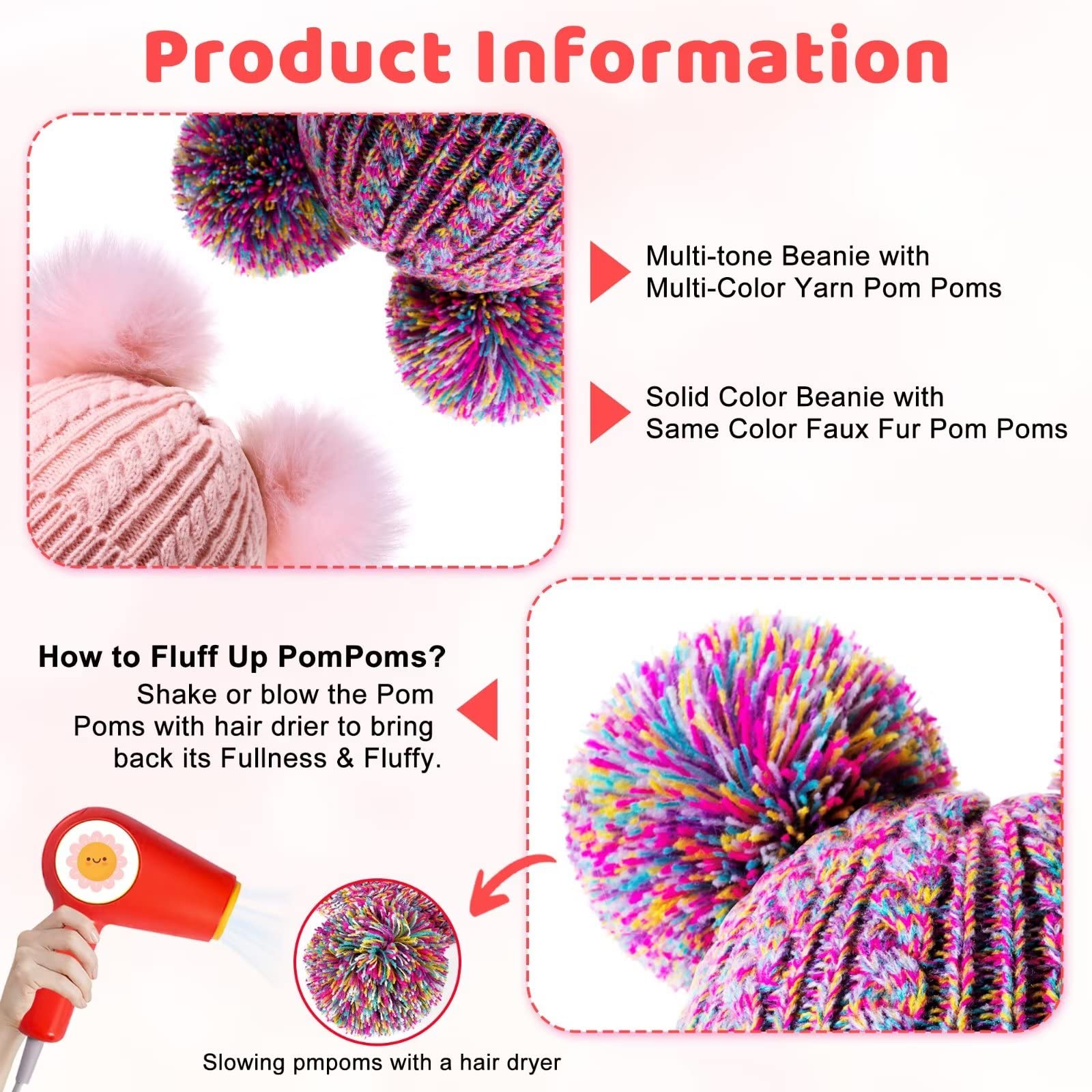 HAITHO Winter Hat for Kids Toddler Children, Girls Beanie with Double Pom Pom Warm Fleece Lined, Girls Accessories Knit Cap