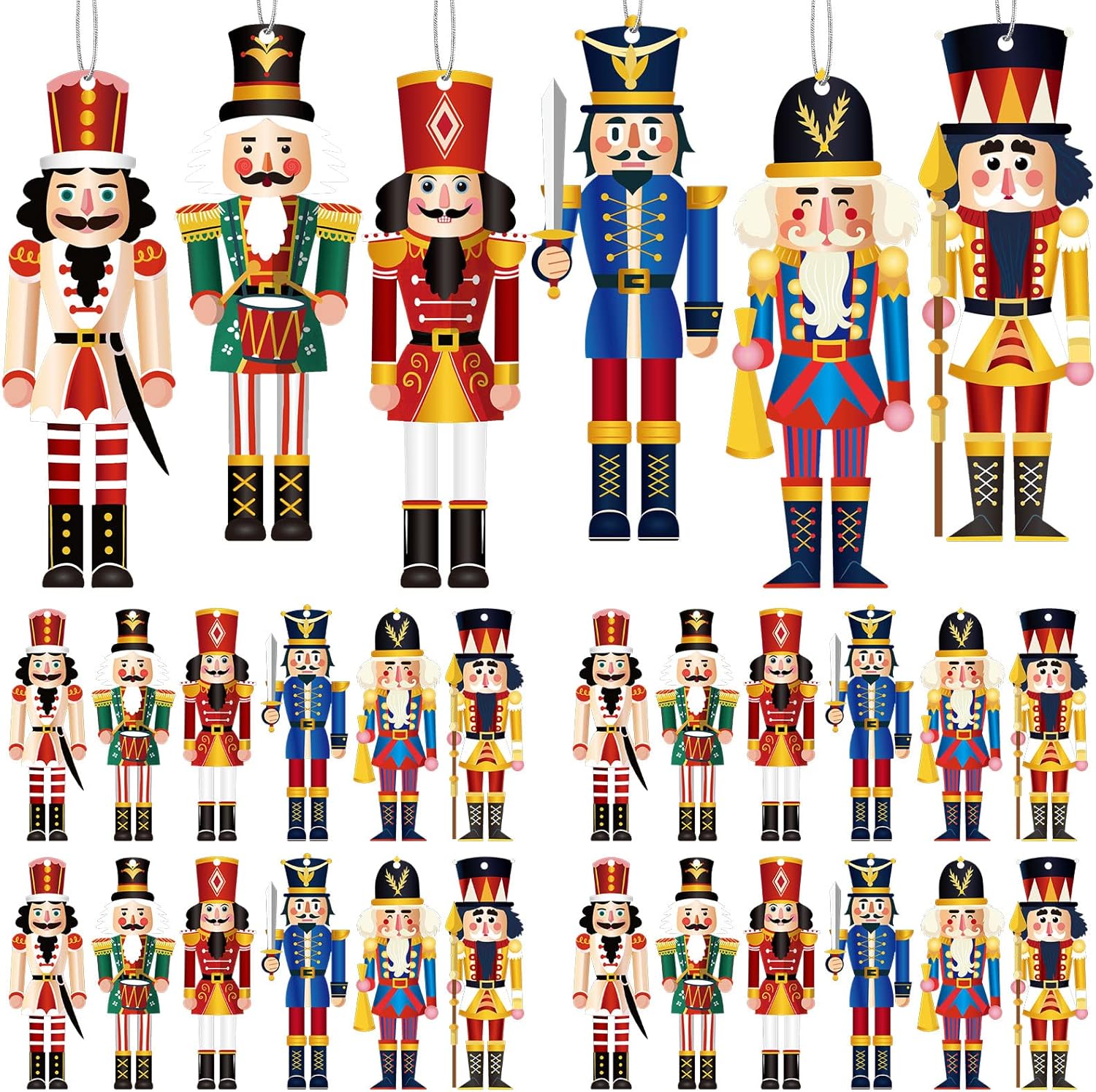Nutcrackers - 48 Pcs Christmas Nutcrackers Decorations Wooden Nutcracker Hanging Ornaments Set Holiday Nutcracker Figures Nutcracker Party Decor King and Soldier Nutcracker for Christmas Tree Party Supply (Cute)
