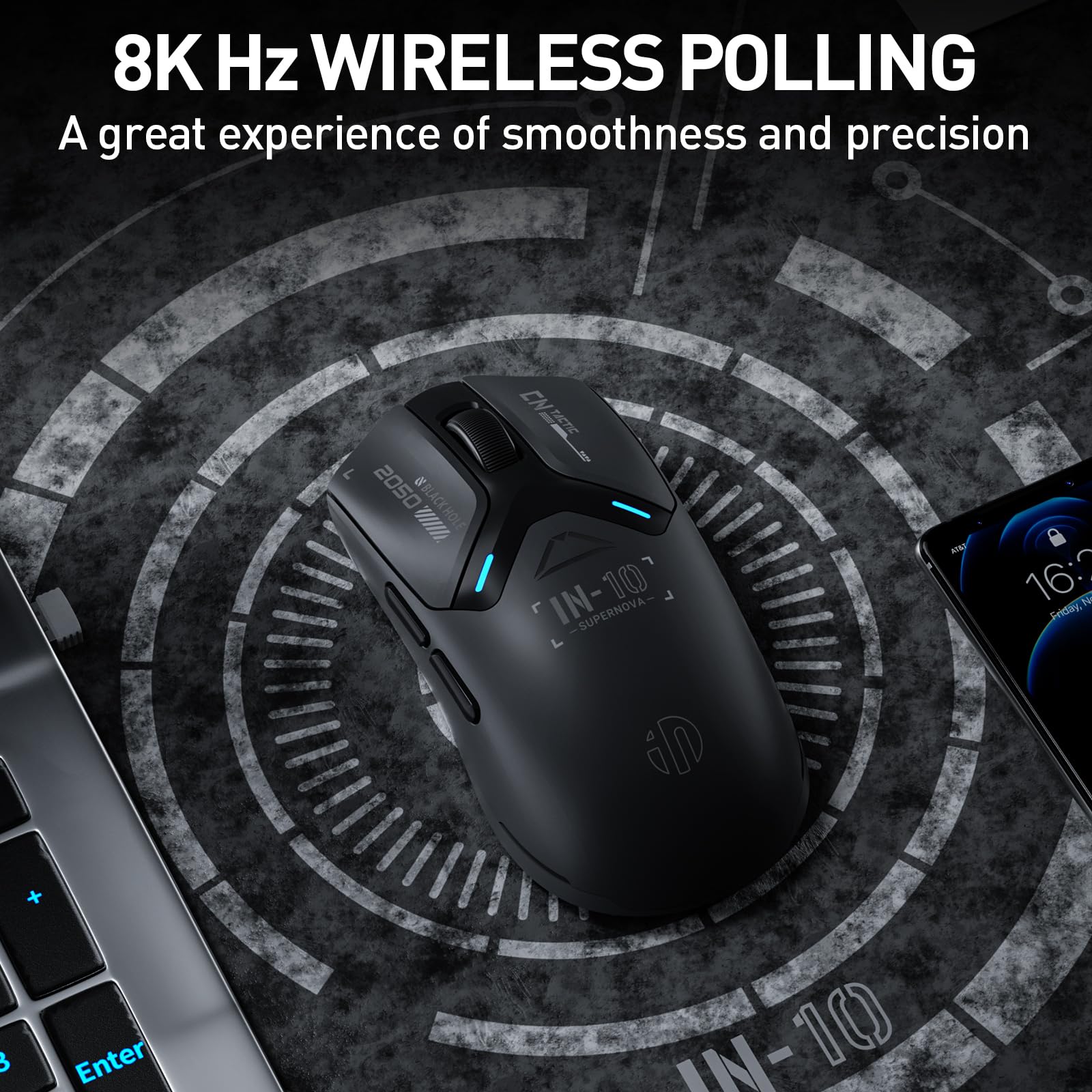INPHIC IN10P Superlight Wireless Gaming Mouse, 60g, 8K Polling Rate, 26,000 DPI, Tri-Mode, PAW3395 Sensor, Fully Programmable