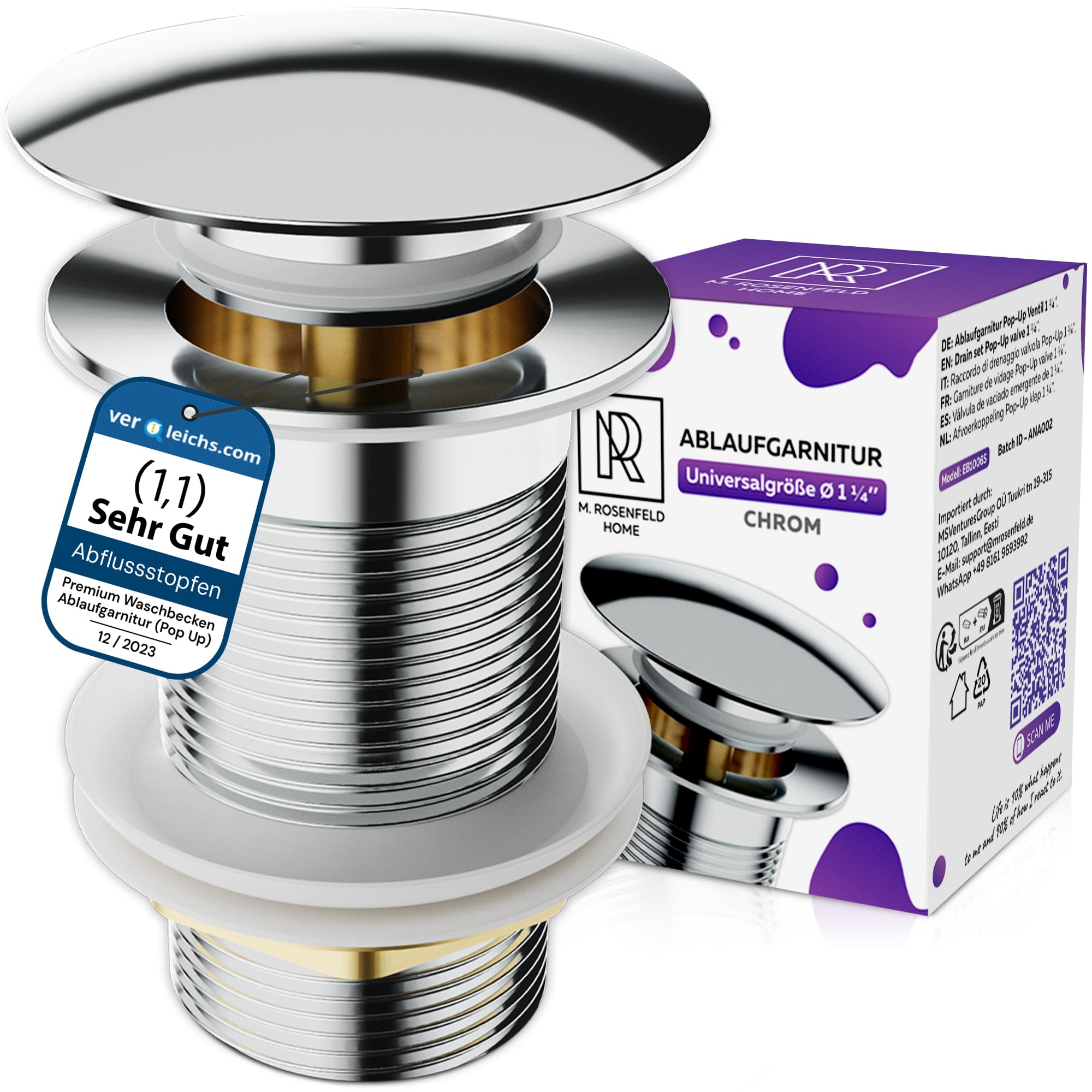 M. ROSENFELD HOME Drain Fitting Sink without Overflow Chrome – Drain Valve Pop Up 1 1/4 Inch Stainless Steel & Brass for Washbasin – Drain Fitting Sink Pop-Up Valves – Easy Installation