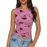 Womens Double Lined Tank Tops Floral Mesh Y2K Sleeveless Shirts Boat Neck Fitted Summer Clothes Going Out Outfits