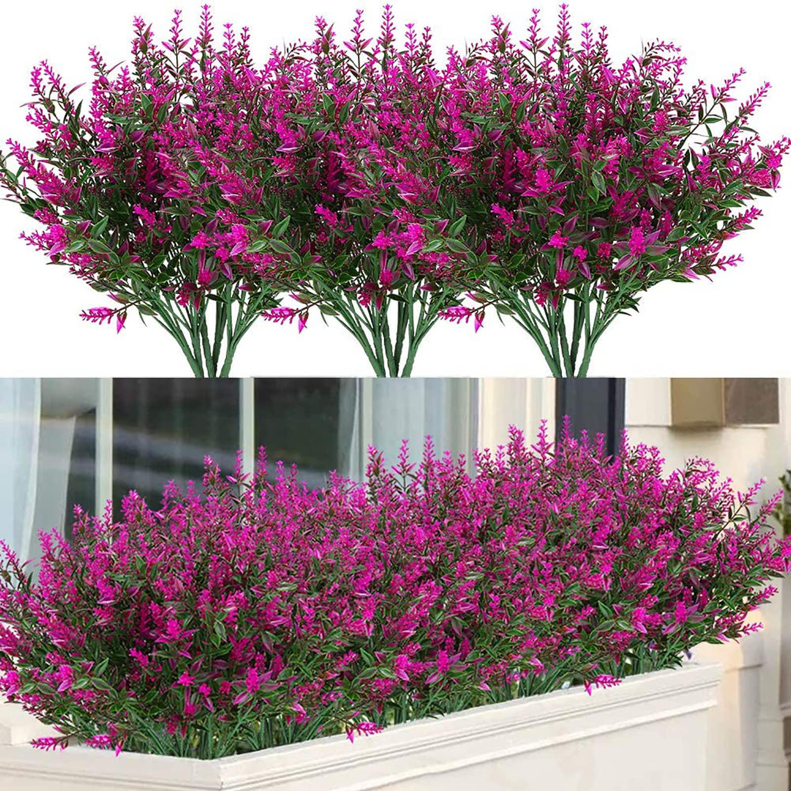 Mnixy 12 Bundles Artificial Flowers Outdoor Artificial Flowers UV Resistant Shrubs Plants Hanging Planter Home Wedding Porch Window Garden Decor (Fuchsia)