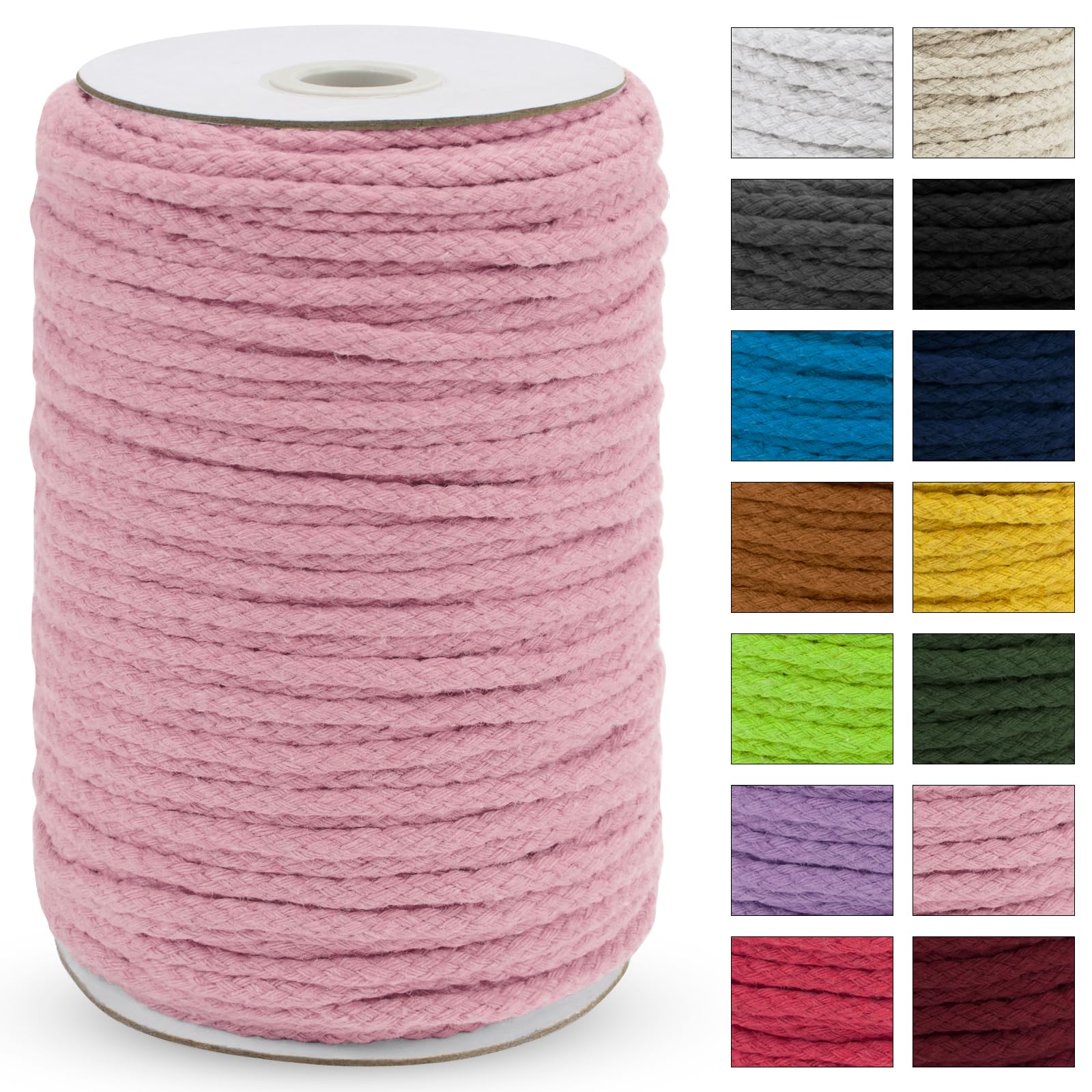 Uiopa Macrame Cord 5mm x 90m, Thick Macrame Rope 8-Strand Braided Cotton Rope, Light Pink Cotton Cord for Plant Hangers, Wall Hanging, Dream Catcher, Garden, DIY Projects