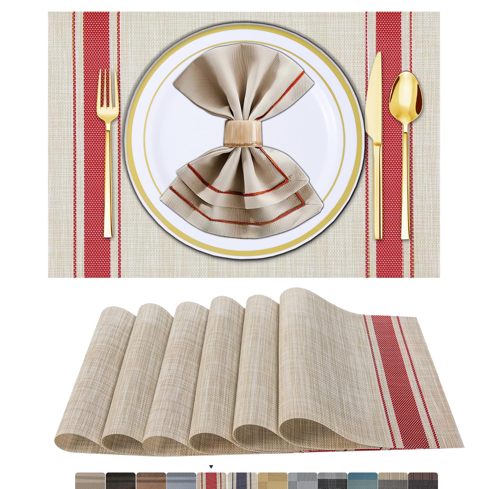 ARTAND Red Table Mats Set of 6 Woven Vinyl Place Mats for Dinner Table - Washable & Durable Indoor/Outdoor Use - 6 Pcs, 01 Red