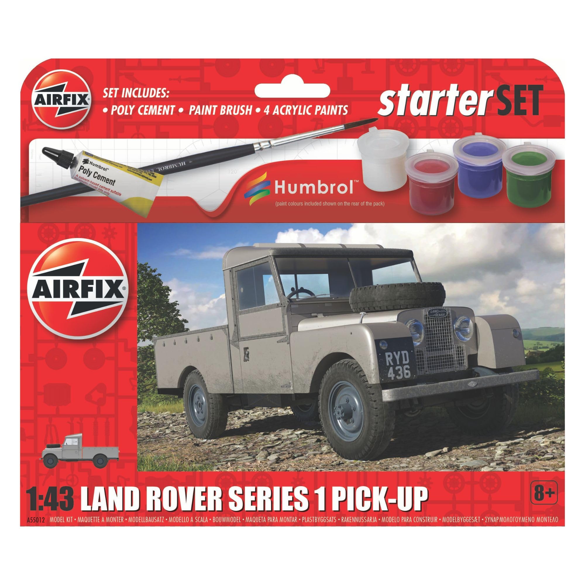 AIRFIX - Starter Set - A55012 Land Rover Series 1 Pick-Up Model Building Kit - Plastic Model Car Kits for Adults & Children 8+, Set Includes Decals, Humbrol Acrylic Paints, Brush & Poly Cement