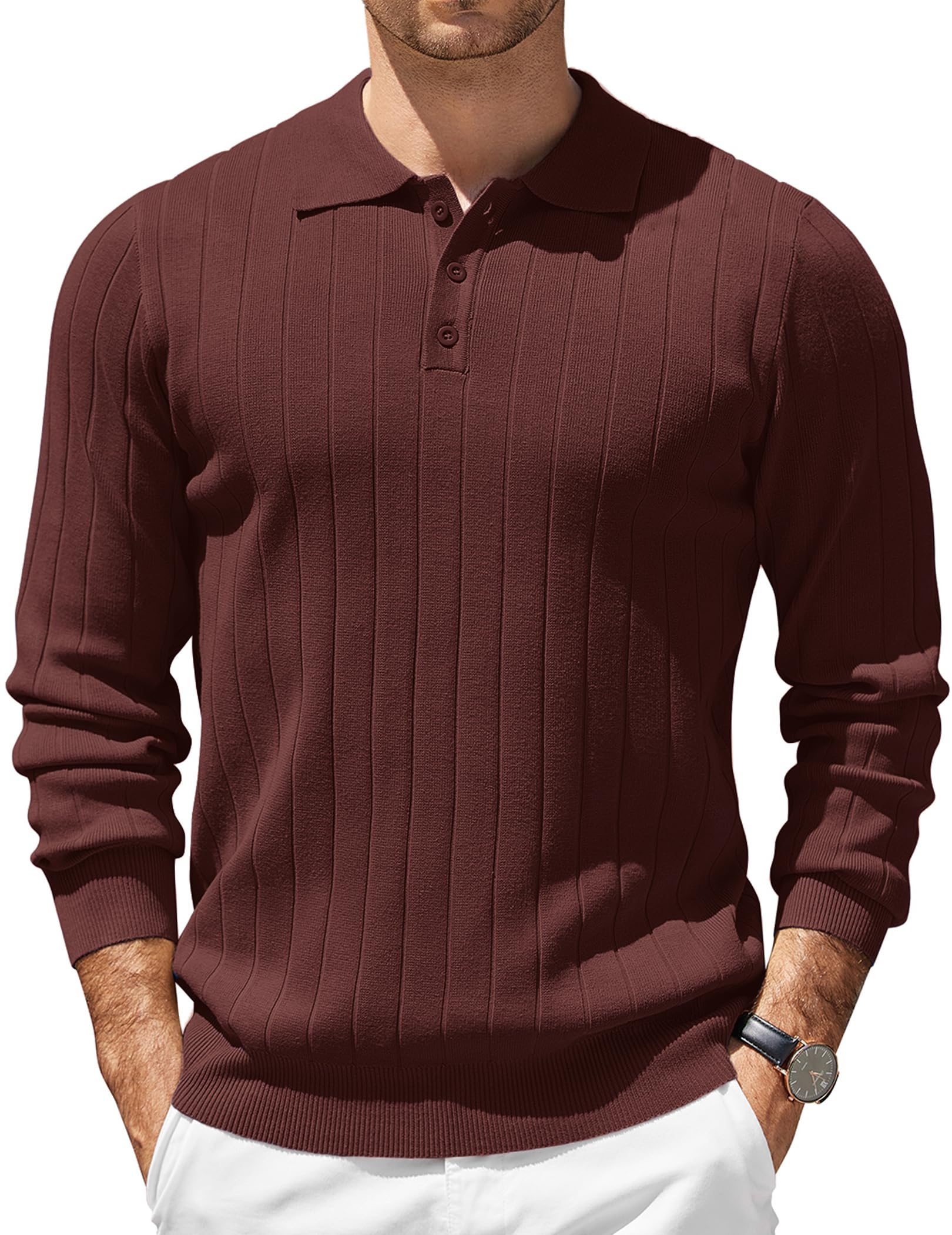 COOFANDY Mens Long Sleeve Polo Shirts Fall Knit Dress Sweater 2025 Old Money Clothes Golf Polos Coffee Image