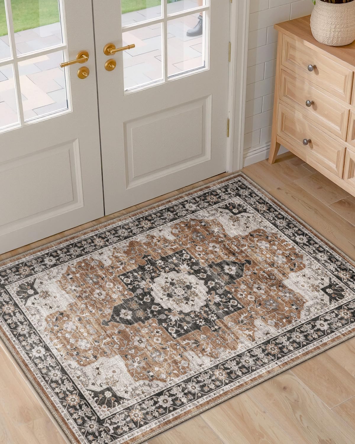 Photo 1 of DEXI Area Rugs for Entryway, 3x5 Washable Low Pile Vintage Traditional Entry Rug Non Slip, Large Indoor Door Mat for Bedroom Kitchen Entrance Hallway, Brown