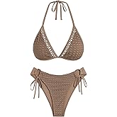 ZAFUL Women's Halter Triangle Bikini Set Crochet Boho Floral Swimsuit Cut Out Tie Side Two Piece Bathing Suit
