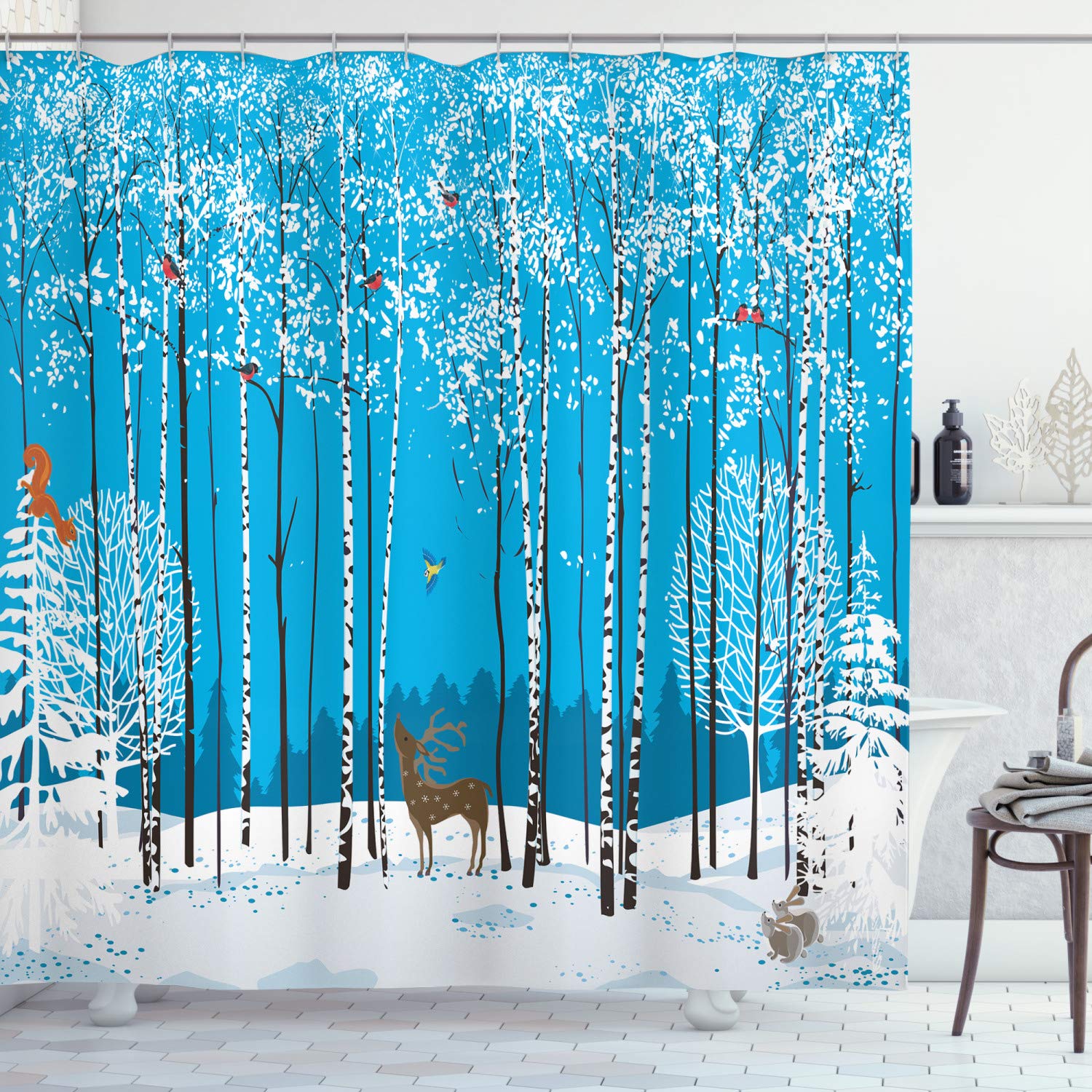 ABAKUHAUS Christmas Shower Curtain, Snow Covered Forest with Flock of Bullfinches Squirrels Bunnies Deer Noel Theme, Cloth Fabric Bathroom Decor Set with Hooks, 70 Inches, Multicolor