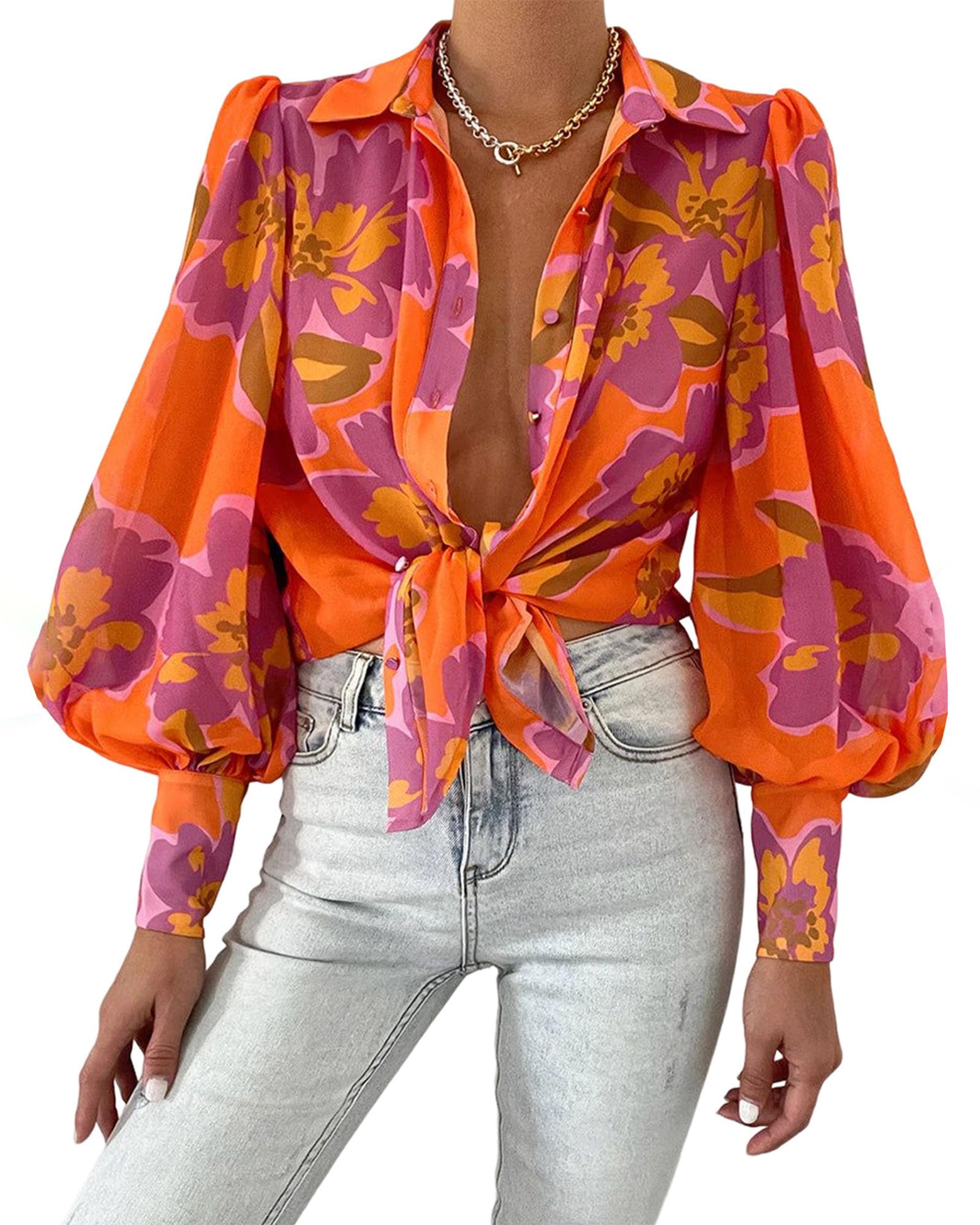 BTFBM Women Fashion Button Down Shirts V Neck Printed Solid Boho Long Sleeve Blouses Dressy Casual Summer Fall Tops