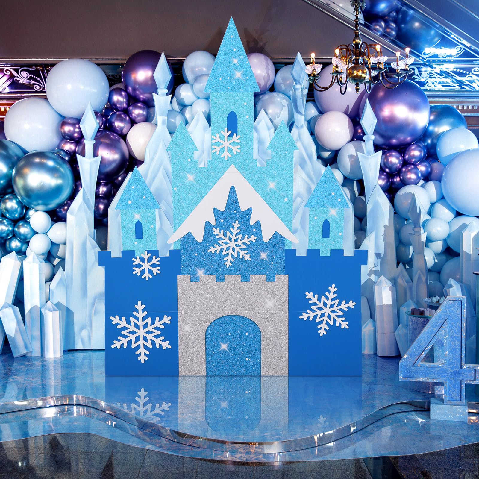 Photo 1 of Thyle 5 ft High Large Winter Birthday Party Stand Princess Castle Cardboard Snowflake Glitter Winter Themed Birthday Backdrop for Princess Snowflake Supplies
