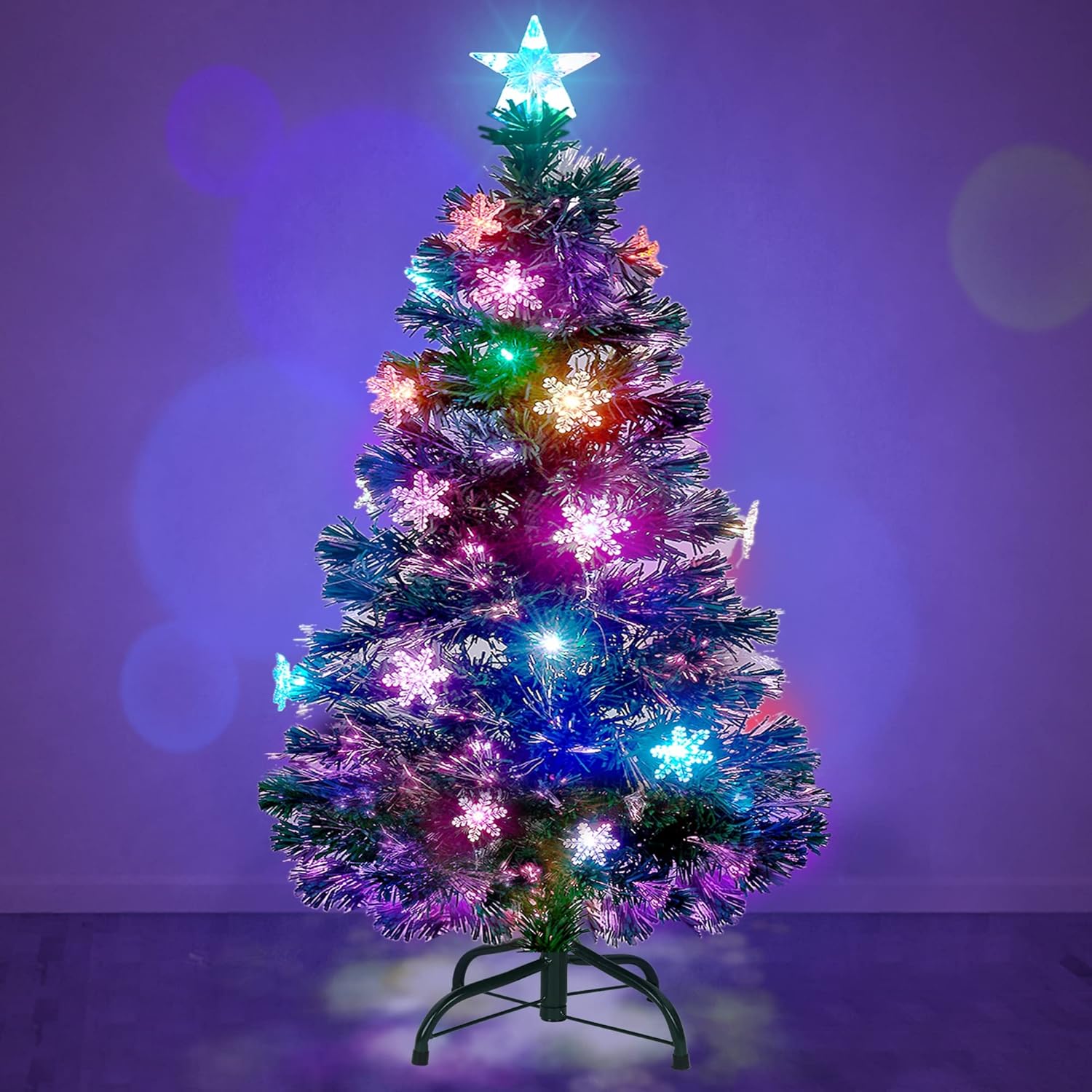 Trees - Prsildan 4 FT Artificial Christmas Tree, Pre-Lit Optical Fiber Xmas Trees with Multicolor LED Lights, Snowflakes & Top Star, Lighted Christmas Tree Holiday Home Decor