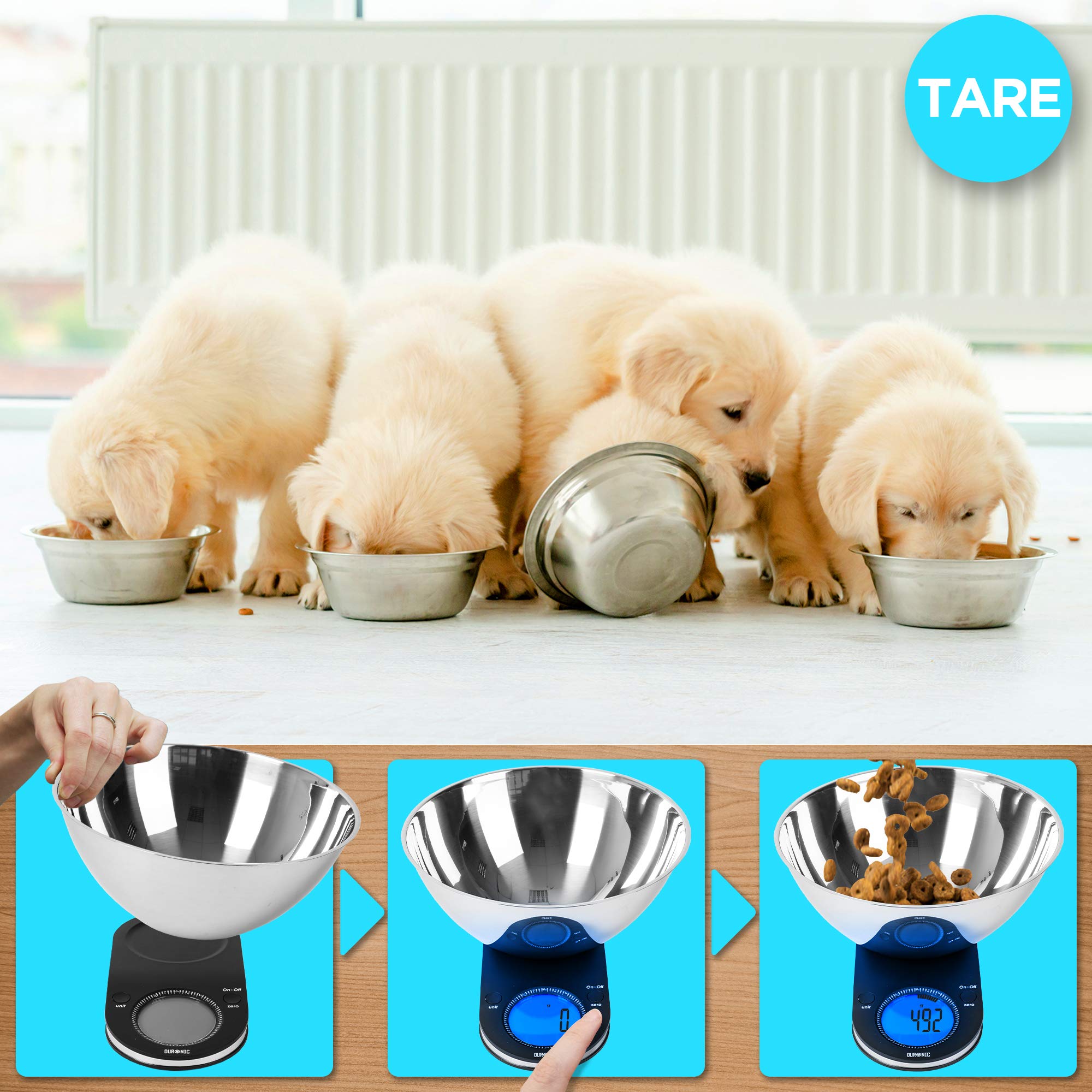 Duronic Digital Kitchen Scale KS5000 Electronic Kitchen Scales with Bowl and Large Display 5kg Capacity Weighing Scales - Ideal Food Measurement, Baking scales, Pet Food, and parcel scales.