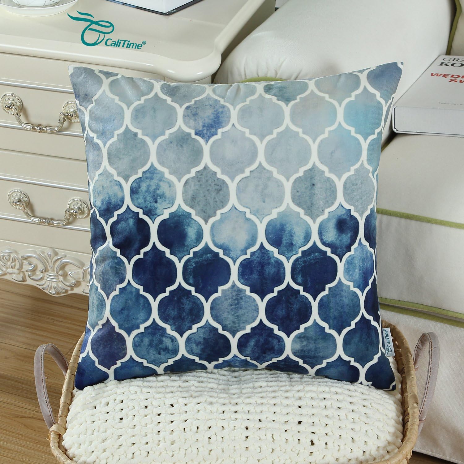 CaliTime Pack of 2 Cozy Throw Pillow Cases Covers for Couch Bed Sofa Manual Hand Painted Colorful Geometric Trellis Chain Print 50cm x 50cm Main Grey Navy Blue - Image 4