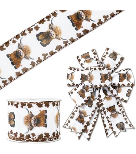 Ruban Highland Cow à Fil Métallique - Imprimé Vache - Marron Et Blanc - Lot De 2