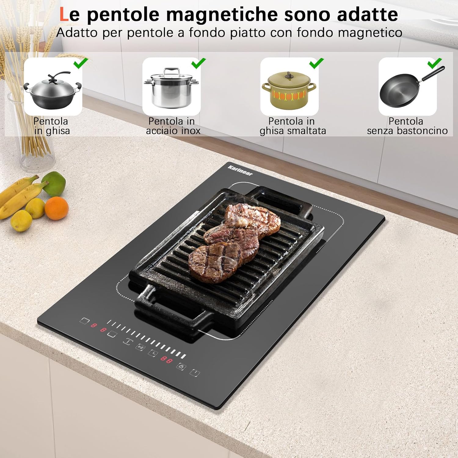 Visual guide to suitable magnetic cookware for induction hobs, including cast iron, stainless steel, enameled cast iron, and magnetic non-stick pans.