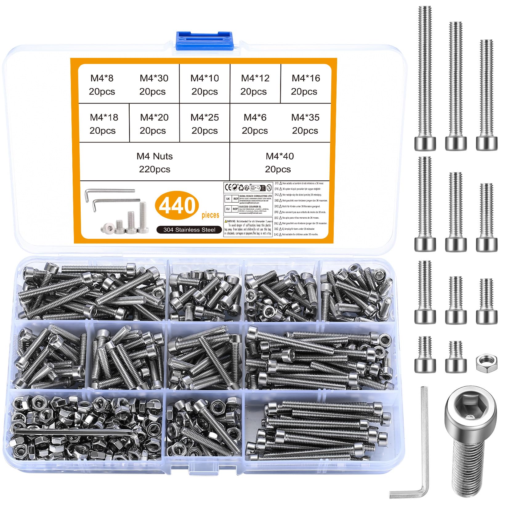 440 Pcs M4 Bolts and Nuts Sets, 304 Stainless Steel Hex Socket Button Head Cap Screws Bolts Nuts Assortment Kit, Hex Socket Machine Screws with 2 Pcs Wrenches