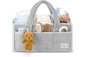 Sweety Fox Baby Diaper Caddy Organizer with Handle - Portable Sherpa Nursery Basket - Car Diaper Organizer, Cleaning Caddy, Gift for Baby Shower - Grey