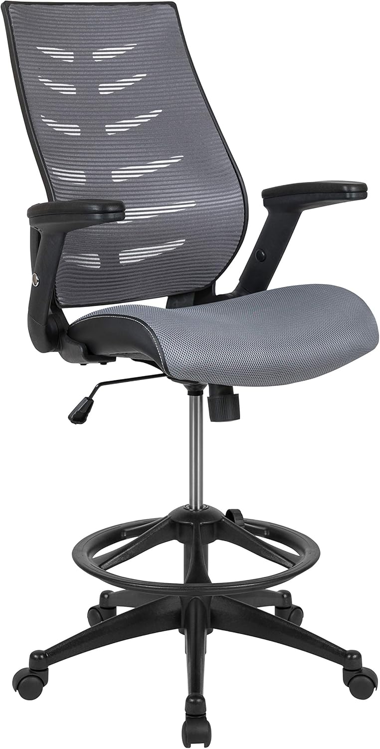 Flash Furniture High Back Dark Gray Mesh Spine-Back Ergonomic Drafting Chair with Adjustable Foot Ring and Adjustable Flip-Up Arms