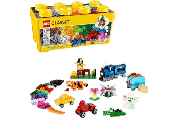 LEGO Classic Medium Creative Brick Box 10696 Building Toy Set with Storage, Includes Train, Car, and a Tiger Figure, and Play