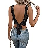 SweatyRocks Women's Country Concert Outfits Tie Backless Lace Crop Top Sexy Going Out Tops Boho Western Outfits