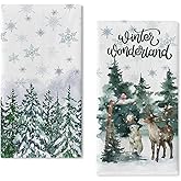 Seliem Snowy Winter Wonderland Pine Tree Snowflake Kitchen Dish Towel, Watercolor Reindeer Bear Bullfinch Woodland Animal Hand Drying Cloth, Christmas Farmhouse Snow Decor Home Decoration 18x26