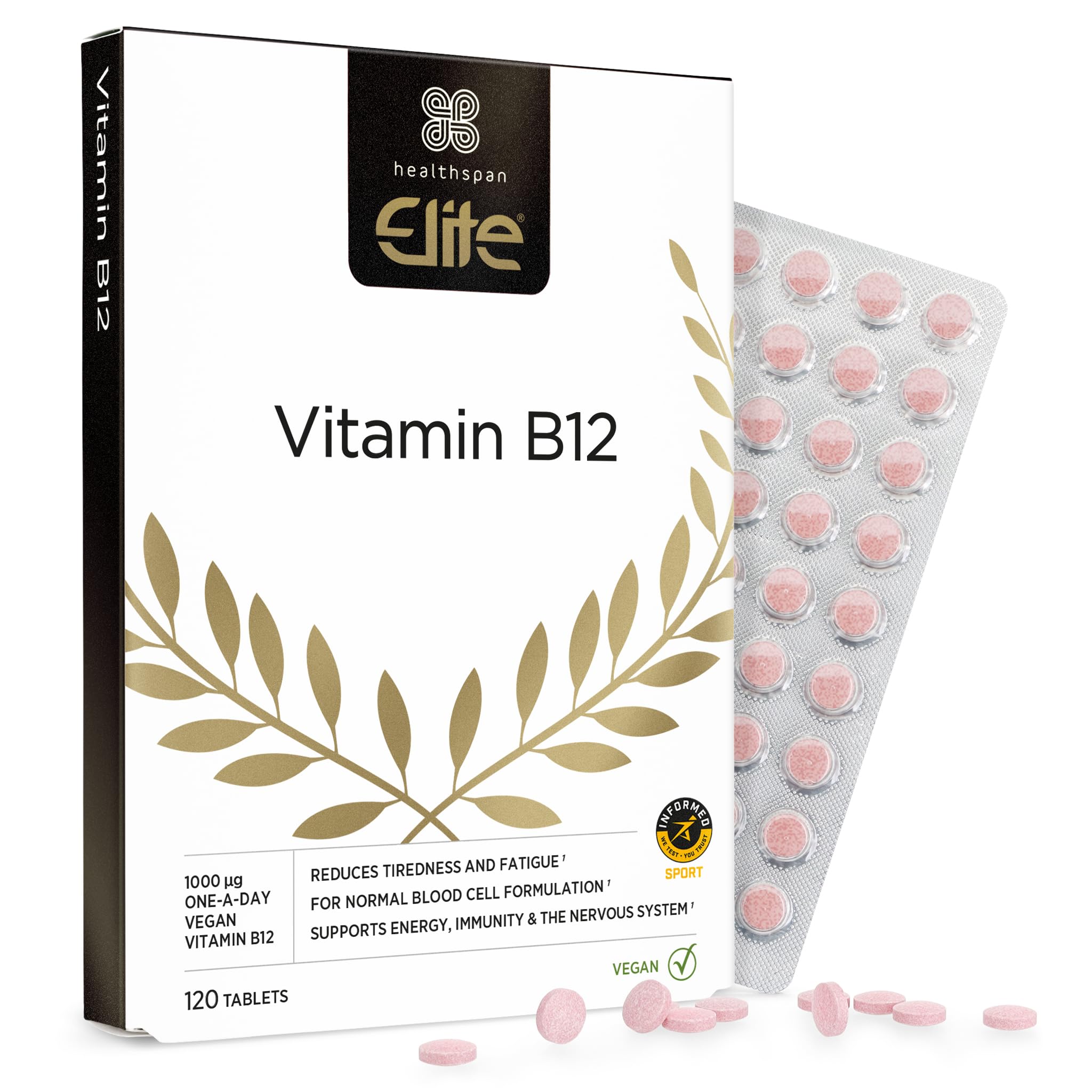 Healthspan Elite Vitamin B12 1,000µg | 120 Tablets | Official Partner of The All Blacks | Reduces Tiredness & Fatigue | Immune Health | Informed Sport Accredited | Vegan