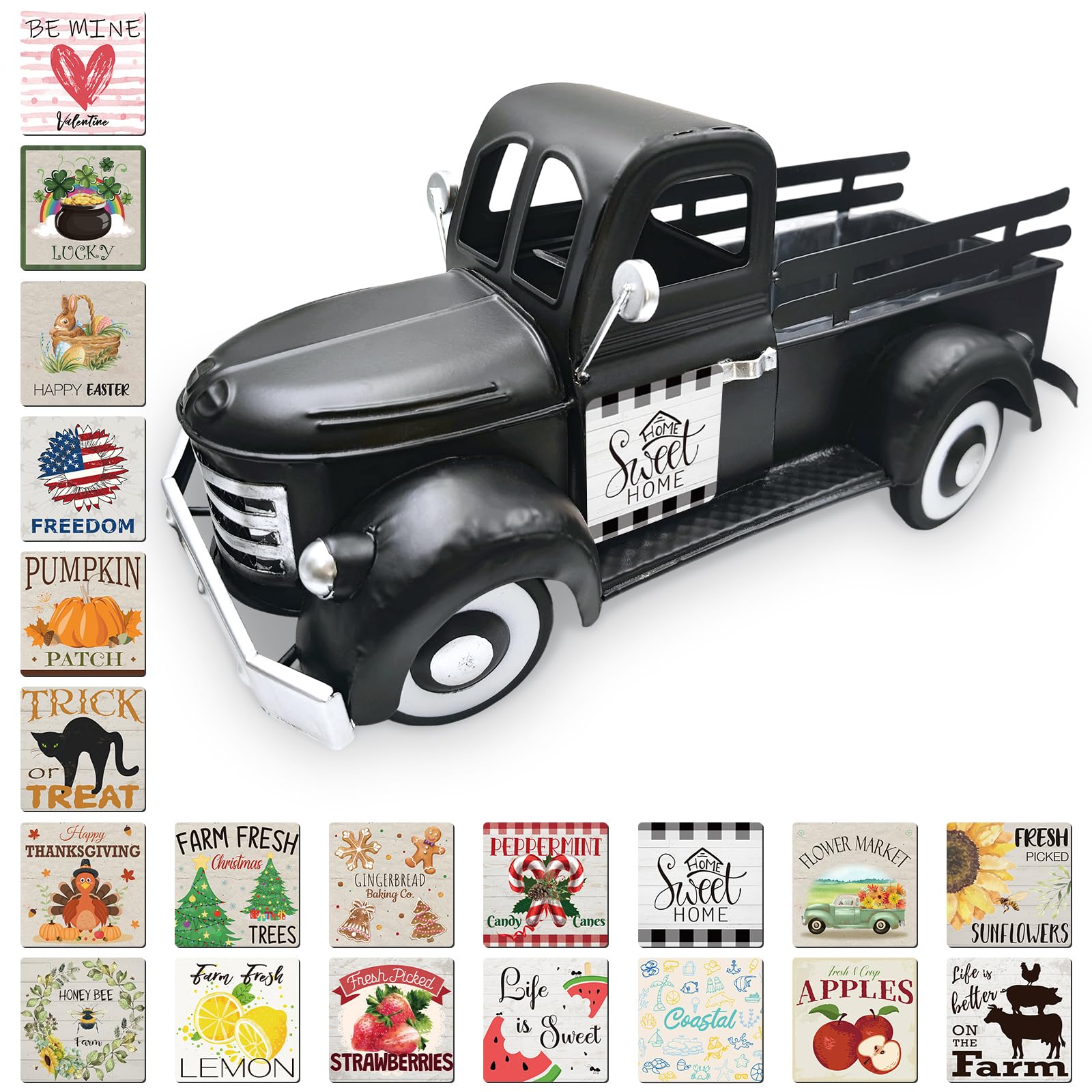 Photo 1 of **MISSING MAGNETS***Teeloray 13.4 Inch Farmhouse Vintage Truck Decor with 20 Magnets Rustic Home Sweet Home Table Centerpieces Interchangeable Seasonal Holiday Decor Large Metal Pickup Truck Spring Garden Planter, Black
