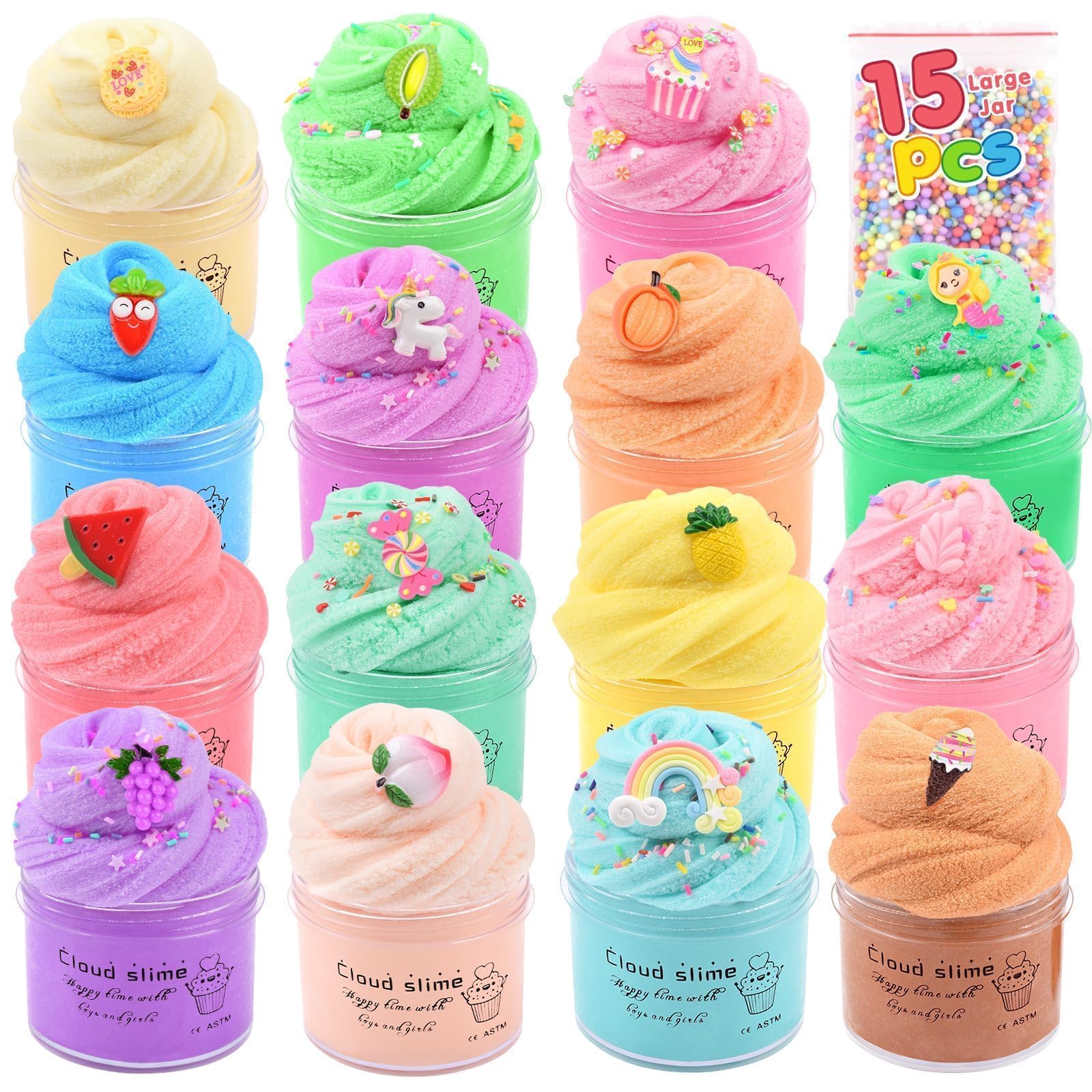 15 Pack Cloud Slime Kit for Kids, with Peach Cake Fruits Animals, and Pink Charms, Scented DIY Slime Supplies for Girls and Boys, Stress Relief Toy for Kids, Education Birthday Party Favor 4-12