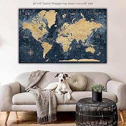 HolyCowCanvas Gold & Navy World Travel Map with