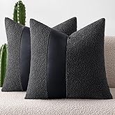 MIULEE Boucle Throw Pillow Covers 18x18 Inch Set of 2 Black Faux Leather Textured Decorative Pillow Cases Boho Farmhouse Accents Cushion Covers for Couch Bed Livingroom Home Decor