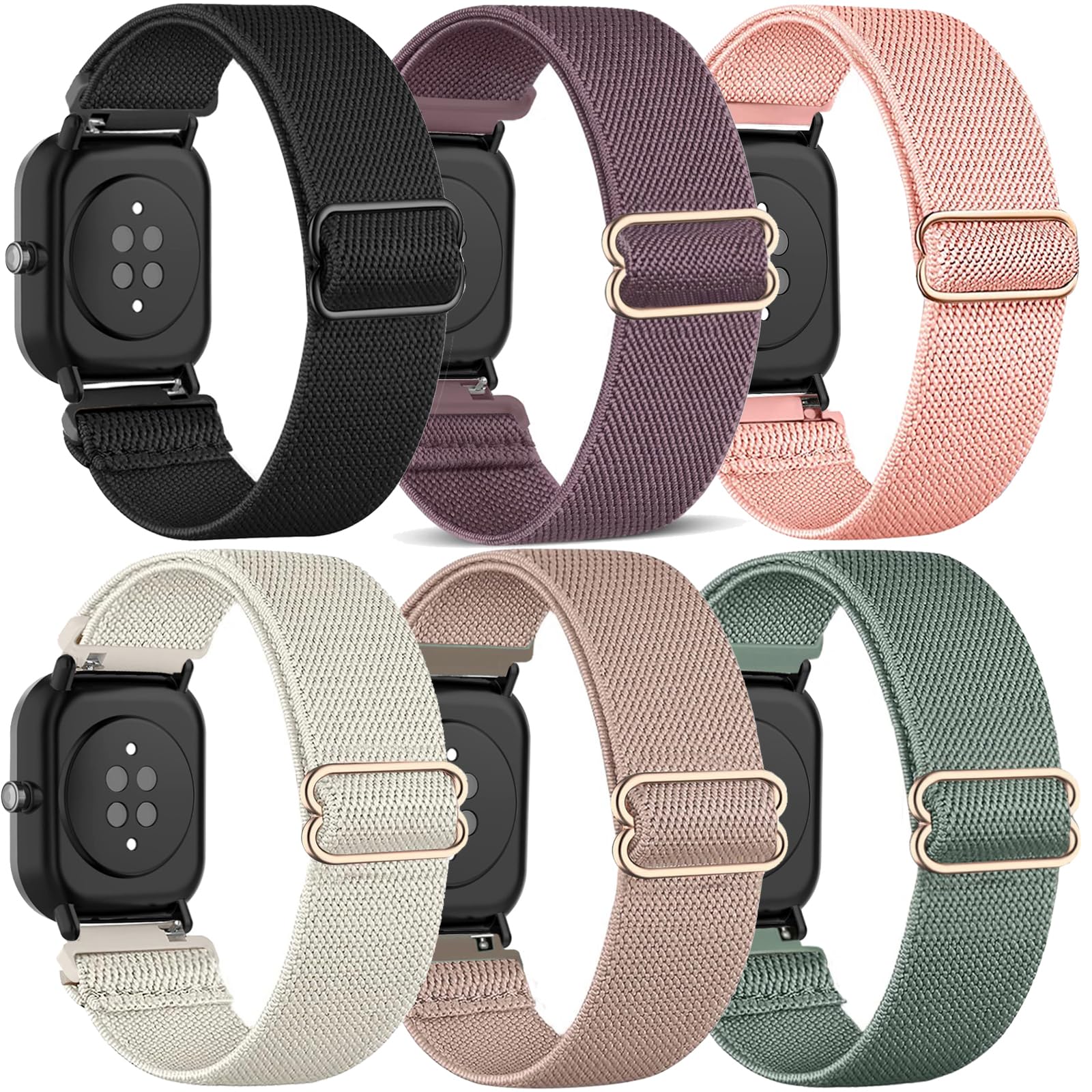 TUCOMO 6Pack Stretchy Nylon Watch Bands Compatible with Amazfit Active 2/GTS/GTS 2/GTS 2 mini/GTS 2e/GTS 3/GTS 4/GTS 4 mini/GTR mini, Loop Elastic Straps for Amazfit Bip U Pro/Bip 3 Pro/Bip Women Men