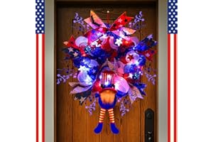 KENBURG Lighted up 4th of July Wreaths with Bow, Red White and Blue Mesh Artificial Wreath, American Flag Wreath Patriotic Gnome Wreath Decor for Independence Day Front Door Farmhouse Home Wall