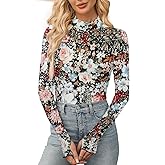 Aoulaydo Long Sleeve Floral Mesh Tops Mockneck Going Out Tops for Women Fashion Spring Outfits 2025
