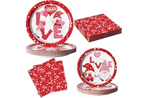 Tyzarglef Valentine's Day Plates and Napkins, Disposable Party Supplies for Valentine's Day Party Decorations, Gnomes Printing Paper Plates Serve 24 Guests