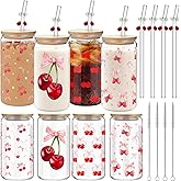 Yetene 4 Set 16 oz Coquette Bows Glass Cups with Lids and Bows Straws Cleaning Brushes Aesthetic Iced Coffee Cup Reusable Mug for Women Sister Birthday Gift Not Dishwasher Safe(Pink,Cherry)