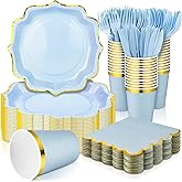 Gejoy 144 Pcs Bridal Shower Decorations Baby Shower Party Supplies Include Disposable Paper Plates Cups and Napkins Sets with Plastic Forks Knives Spoons for Wedding Birthday Party(Light Blue)