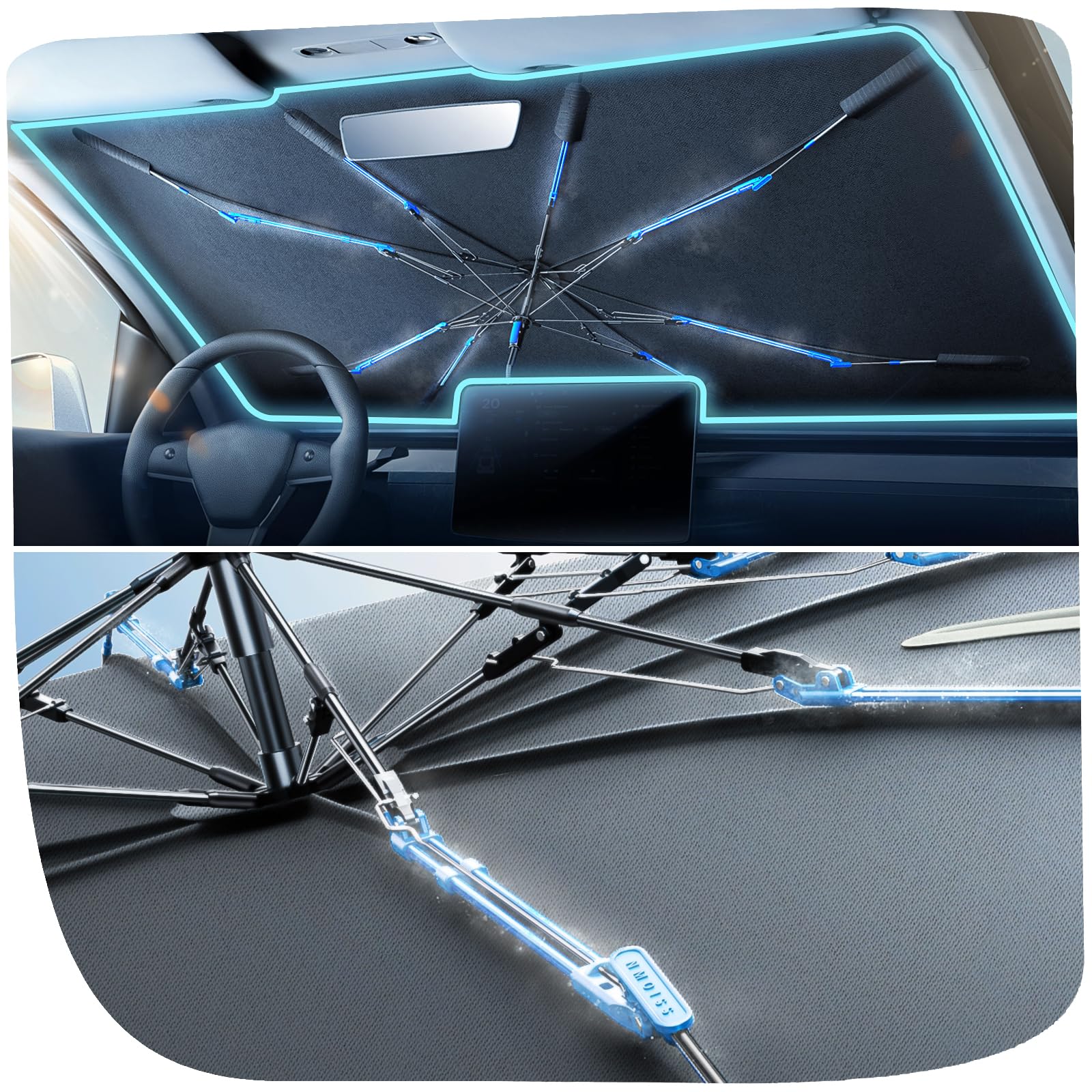 Photo 1 of [2025 Upgraded] Nmoiss Windshield Sun Shade Umbrella [Graphene Rapidly Dissipates Heat] 99% UV Blocking Protects Car from Sun and Heat Damage, Keeps Cool and Protects Interior Medium (56" L x 31" W)
